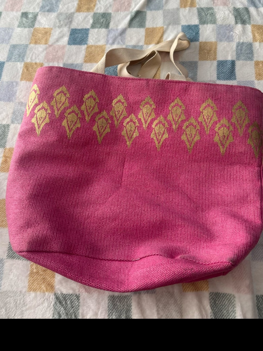 Pink Canvas Tote Bag with Gold Motif